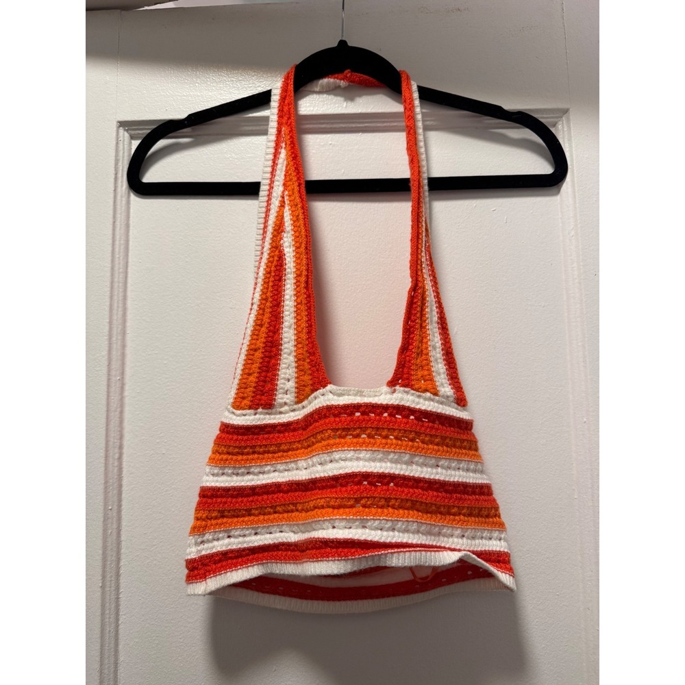 Akira Orange White Striped Crochet Halter Top Womens Medium Boho‎ Knit Crop Top